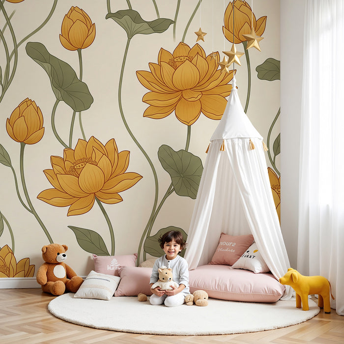 Papier peint chambre bébé | Fleurs de lotus dorées sur fond doux