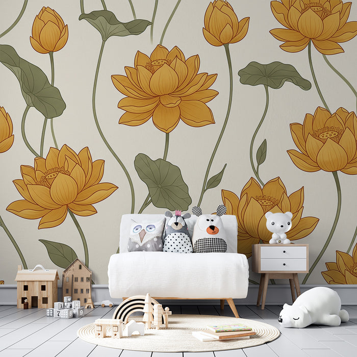 Papier peint chambre bébé | Fleurs de lotus dorées sur fond doux