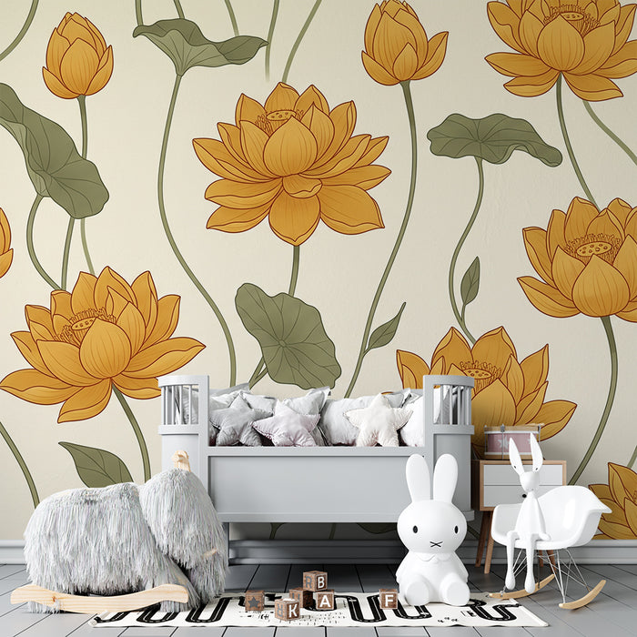 Papier peint chambre bébé | Fleurs de lotus dorées sur fond doux