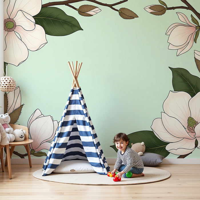 Papel pintado para habitación infantil | Flores de magnolia delicadas sobre fondo verde suave