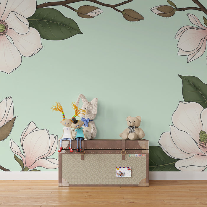 Papel pintado para habitación infantil | Flores de magnolia delicadas sobre fondo verde suave