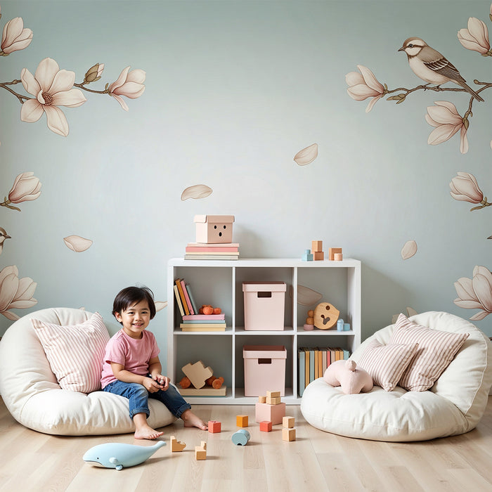 Papel de parede para quarto de bebé | Flores de magnólia e pássaros delicados sobre fundo suave