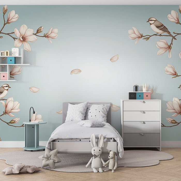 Papel de parede para quarto de bebé | Flores de magnólia e pássaros delicados sobre fundo suave