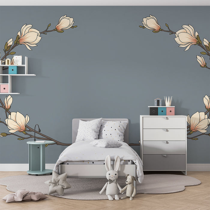 Papel de parede para quarto de bebé | Flores de magnólia sobre fundo azul