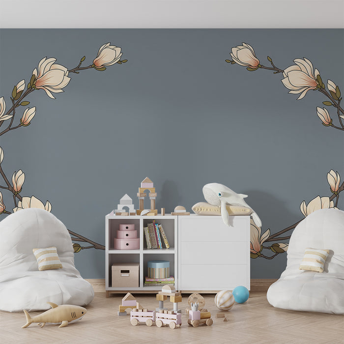Papel de parede para quarto de bebé | Flores de magnólia sobre fundo azul