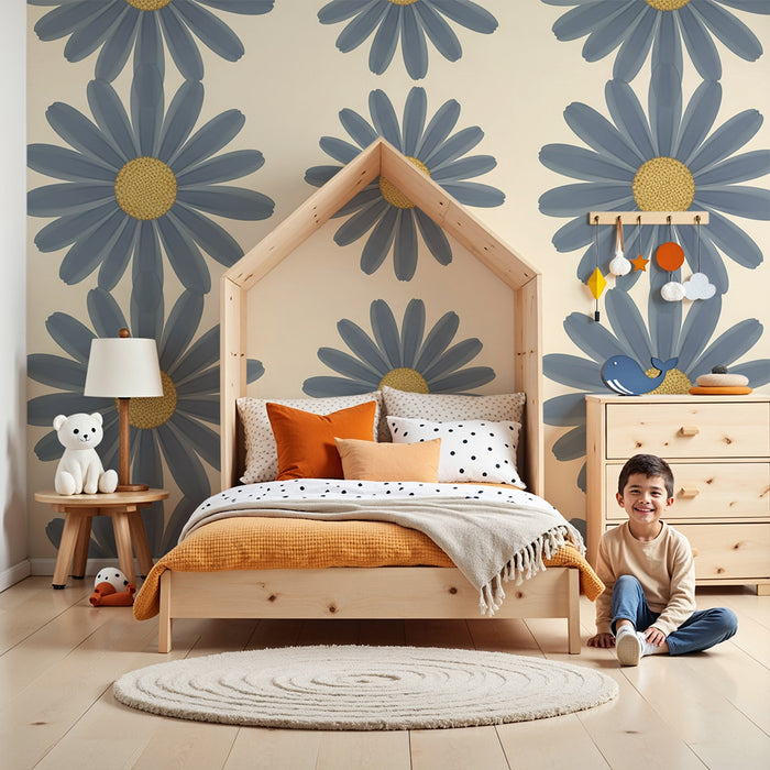 Papier peint chambre bébé | Fleurs de marguerite bleues sur fond crème