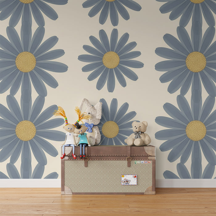 Papier peint chambre bébé | Fleurs de marguerite bleues sur fond crème