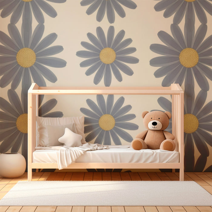 Papier peint chambre bébé | Fleurs de marguerite bleues sur fond crème