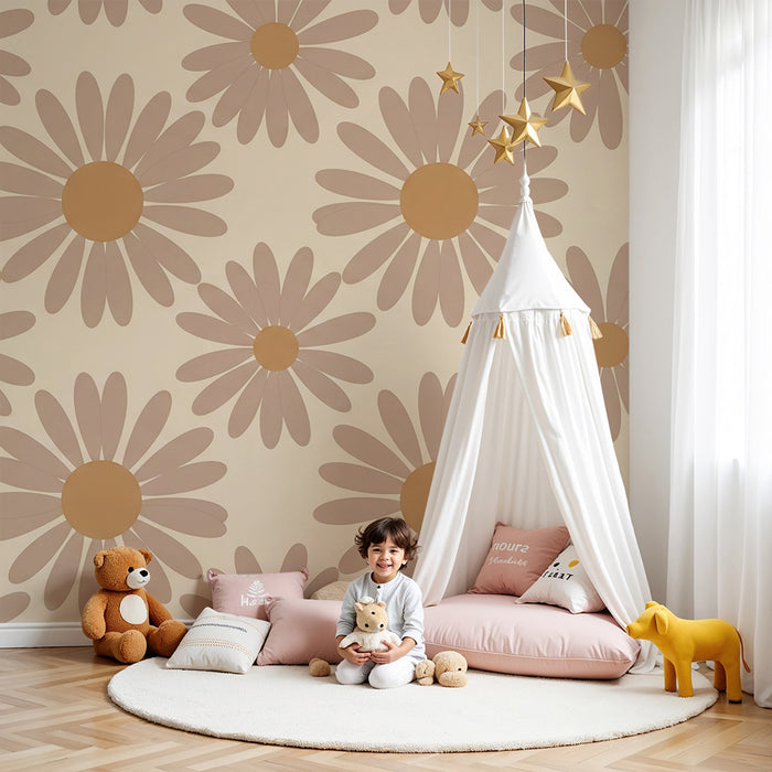 Papier peint chambre bébé | Fleurs de marguerite douces dans des tons beige et crème