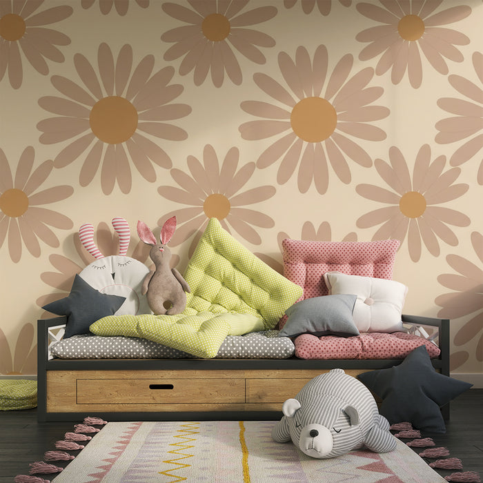 Papier peint chambre bébé | Fleurs de marguerite douces dans des tons beige et crème