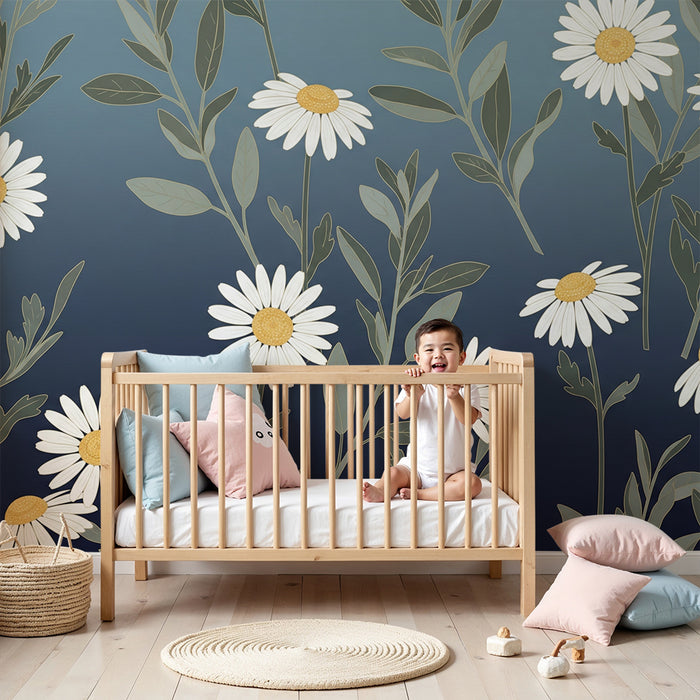 Tapeta dětského pokoje | Sedmikrásky na modrém pozadí