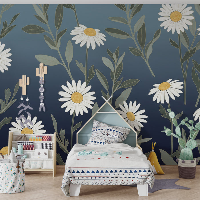 Tapeta dětského pokoje | Sedmikrásky na modrém pozadí