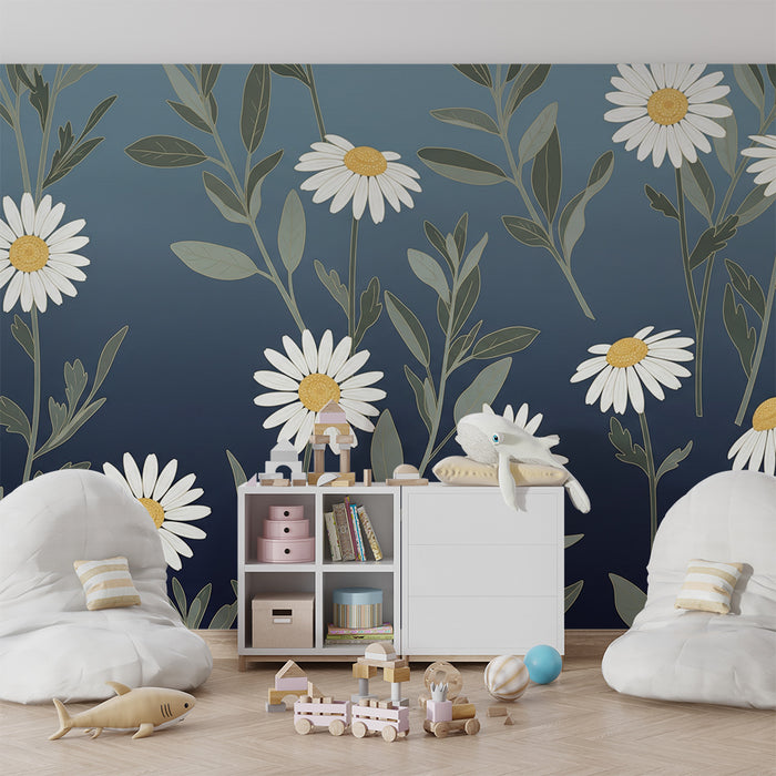 Tapeta dětského pokoje | Sedmikrásky na modrém pozadí