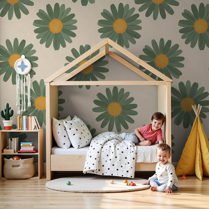 Papier peint chambre bébé | Fleurs de marguerite sur fond doux crème