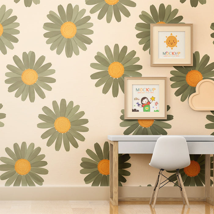 Papier peint chambre bébé | Fleurs de marguerite sur fond doux crème