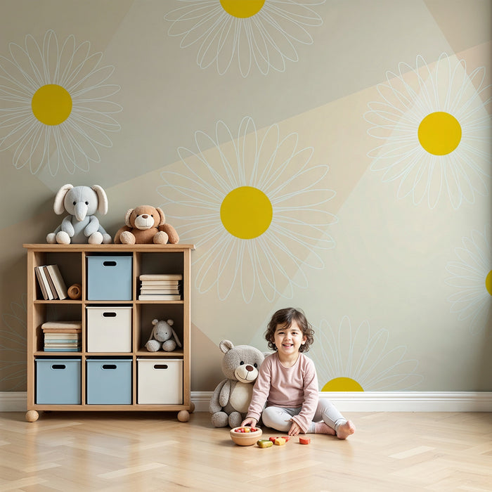 Børneværelse tapet | Tusindfryd blomster på blød pastelfarvet baggrund