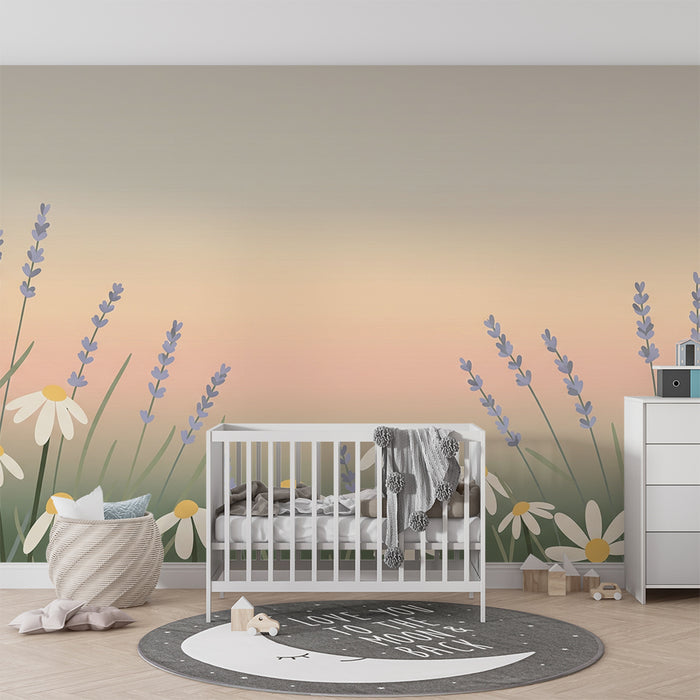 Nursery room wallpaper | Daisy and lavender flowers on soothing pastel background
