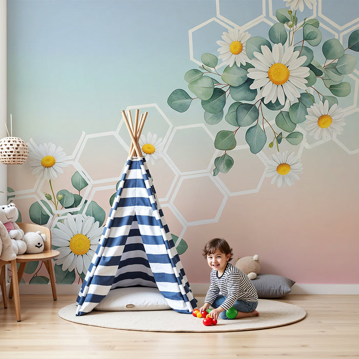 Papel de parede para quarto de bebé | Margaridas e padrões hexagonais sobre fundo pastel