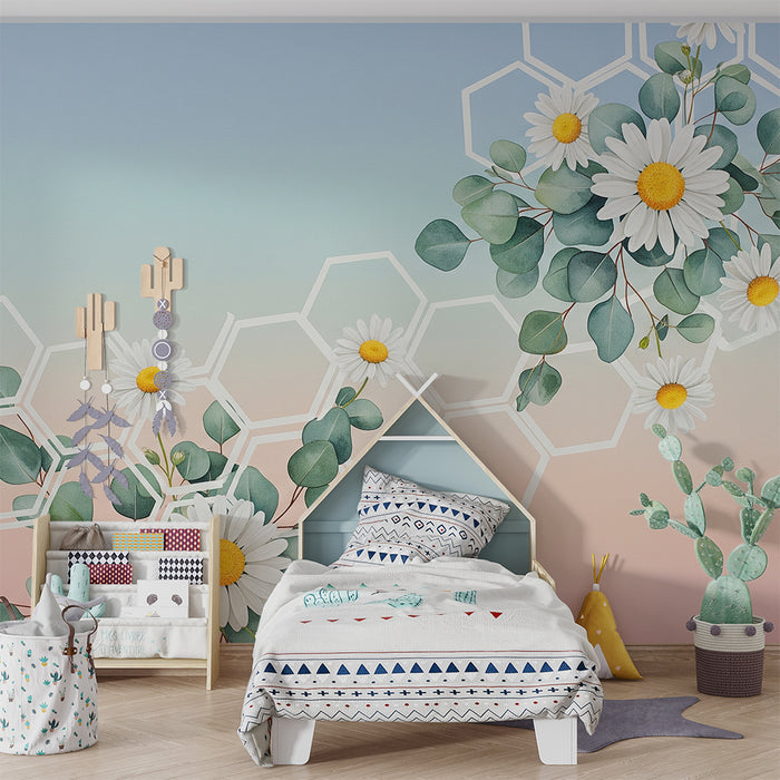 Papel de parede para quarto de bebé | Margaridas e padrões hexagonais sobre fundo pastel