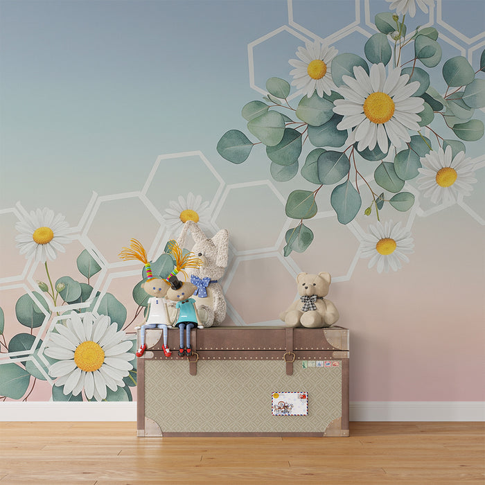 Papel de parede para quarto de bebé | Margaridas e padrões hexagonais sobre fundo pastel