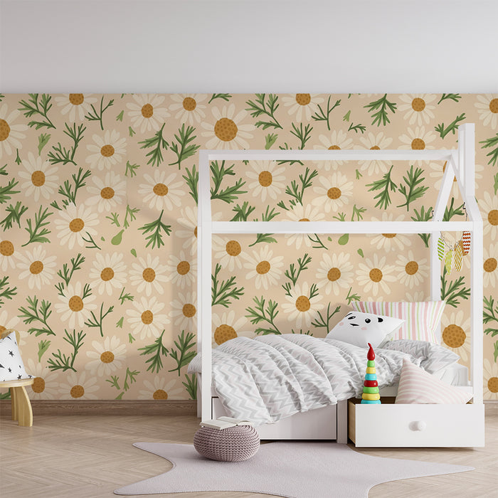 Nursery room wallpaper | Daisy flowers on beige background