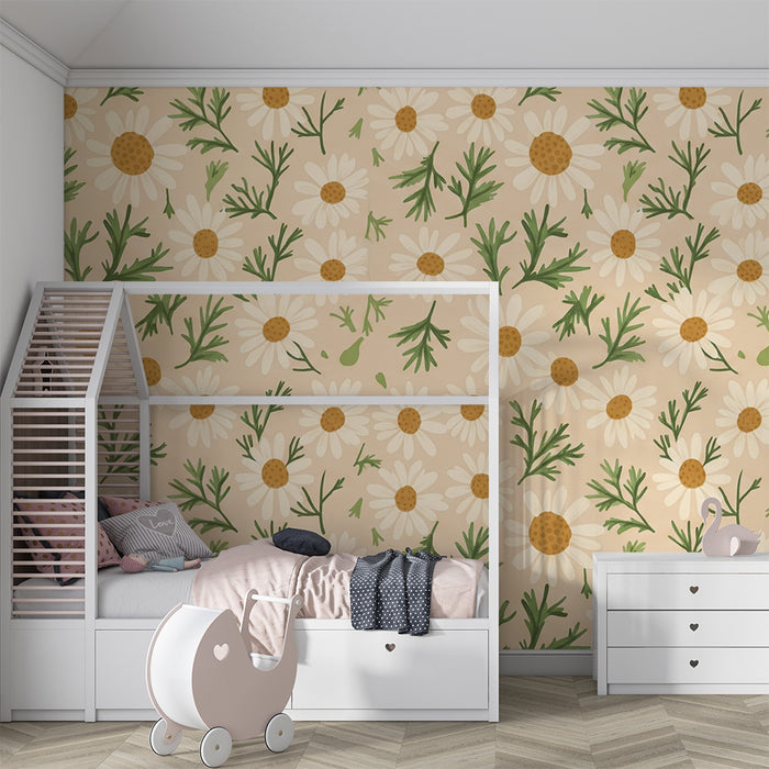 Nursery room wallpaper | Daisy flowers on beige background