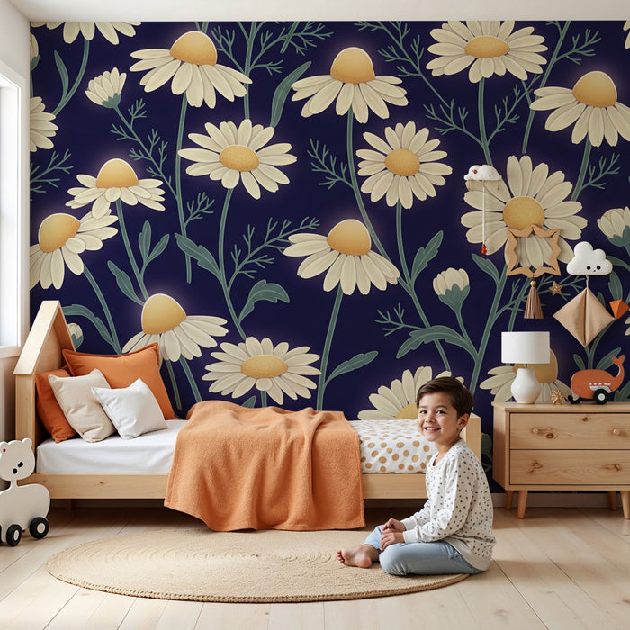 Nursery room wallpaper | Marguerite flowers on a night background