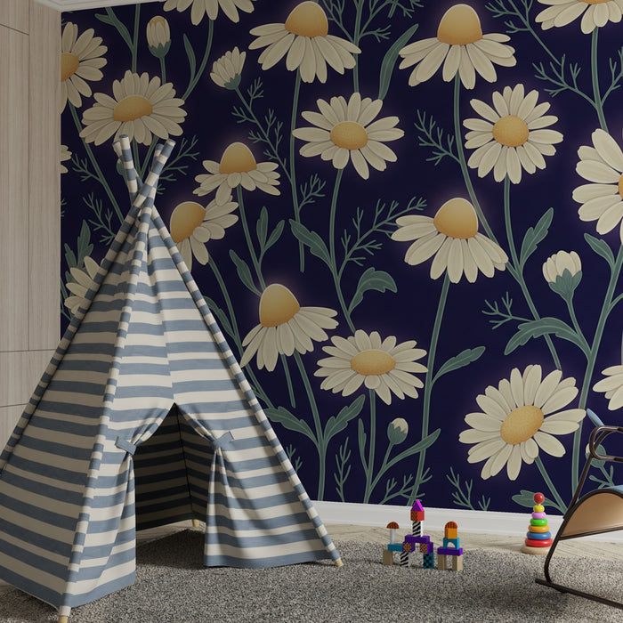 Nursery room wallpaper | Marguerite flowers on a night background