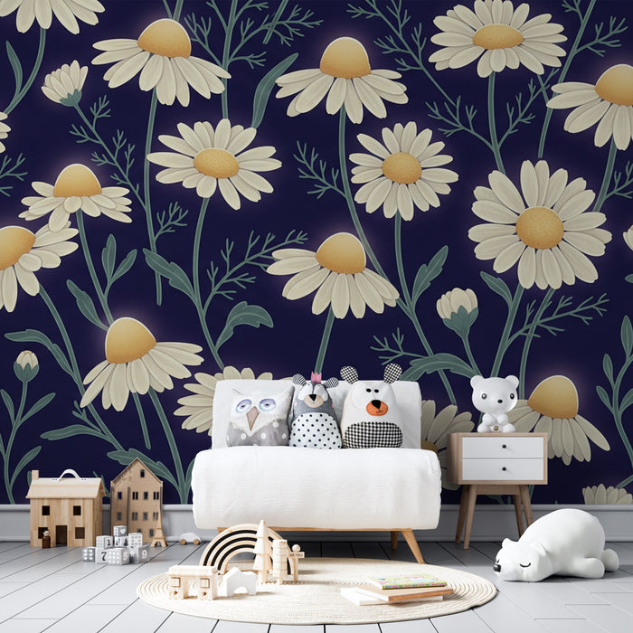 Nursery room wallpaper | Marguerite flowers on a night background