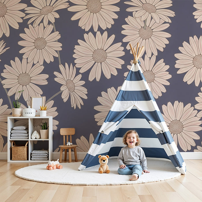 Papel de parede quarto bebê | Flores de margaridas em fundo violeta