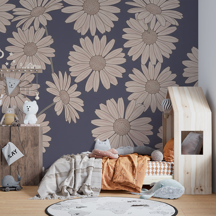 Papel de parede quarto bebê | Flores de margaridas em fundo violeta
