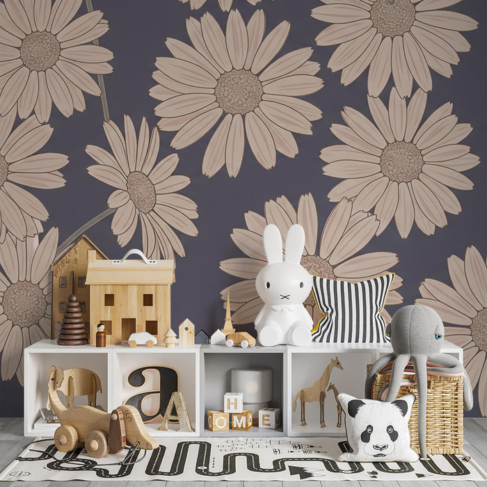 Papel de parede quarto bebê | Flores de margaridas em fundo violeta