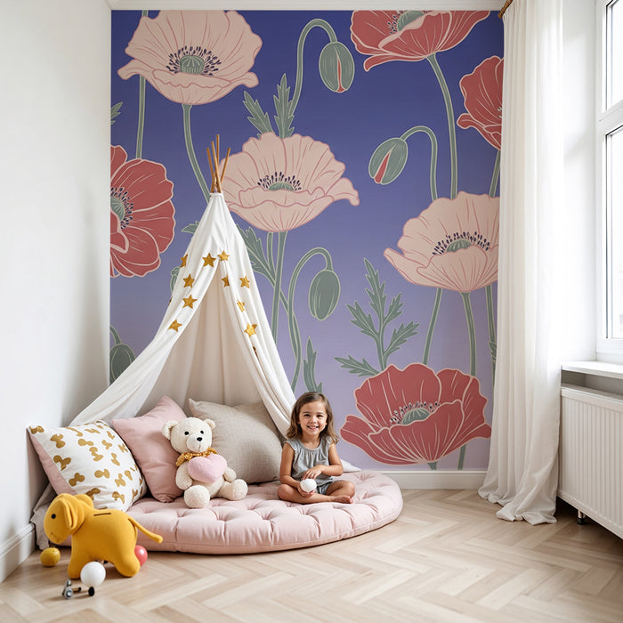Babykamer behang | Delicate en rustgevende klaproosbloemen