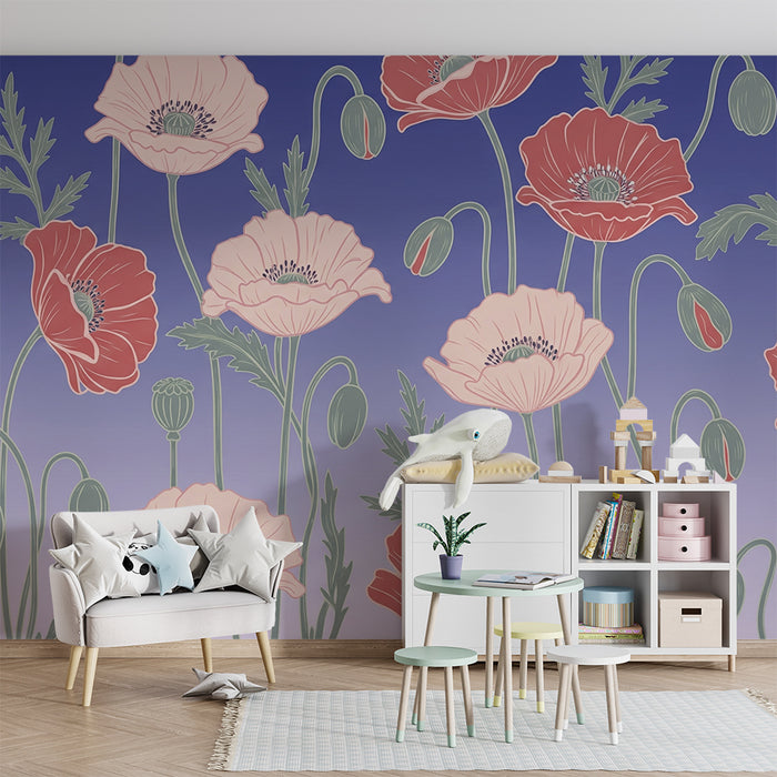 Babykamer behang | Delicate en rustgevende klaproosbloemen