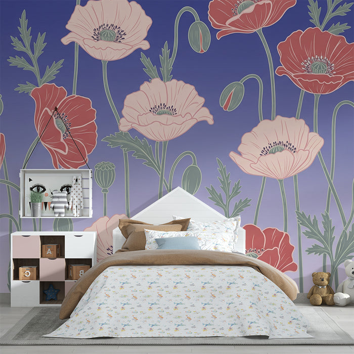 Babykamer behang | Delicate en rustgevende klaproosbloemen