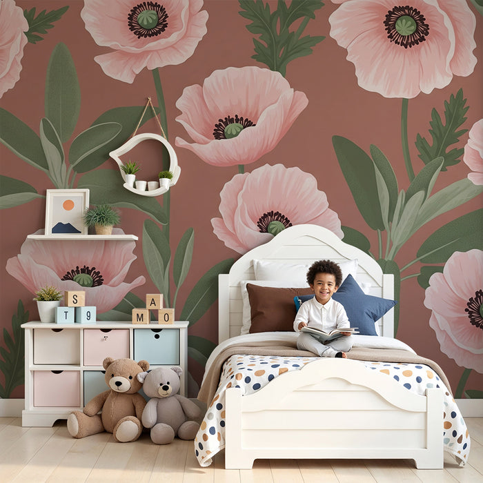 Papier de parede izba pre bábätko | Jemné makové kvety na ružovom pozadí