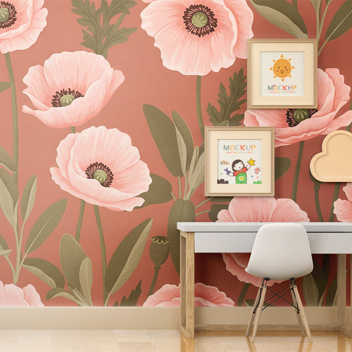 Papier de parede izba pre bábätko | Jemné makové kvety na ružovom pozadí