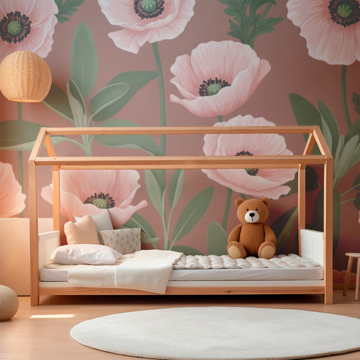 Papier de parede izba pre bábätko | Jemné makové kvety na ružovom pozadí