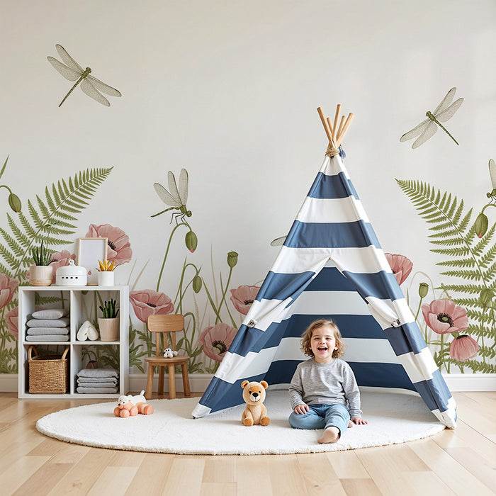 Papier peint chambre bébé | Fleurs de pavot et libellules dans un jardin paisible
