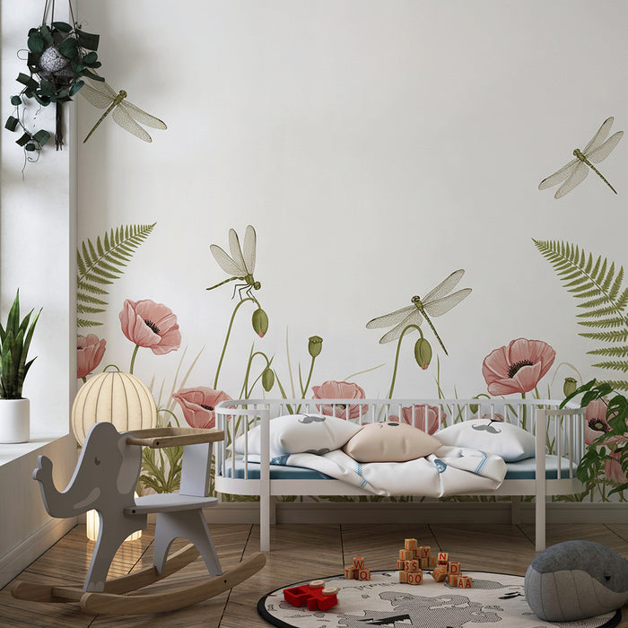 Papier peint chambre bébé | Fleurs de pavot et libellules dans un jardin paisible