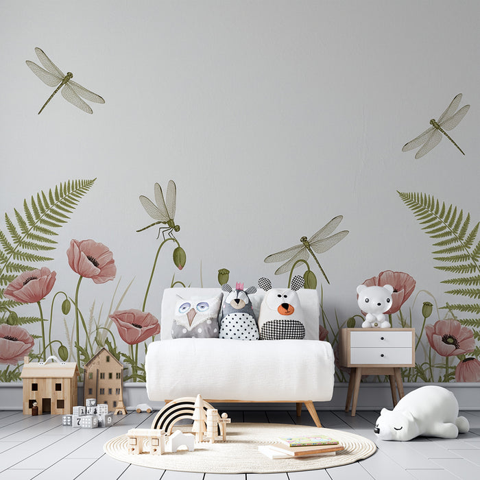 Papier peint chambre bébé | Fleurs de pavot et libellules dans un jardin paisible