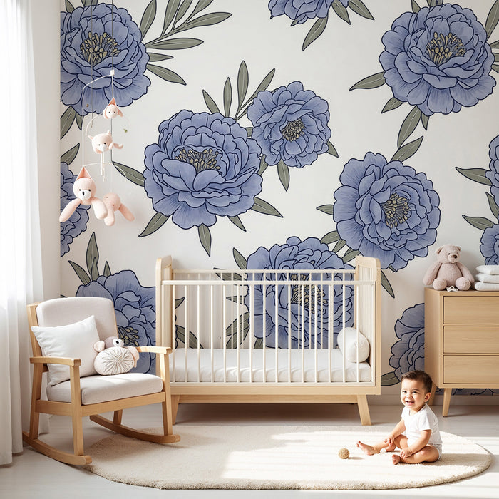 Babyzimmer Tapete | Blaue Pfingstrosen auf weißem Grund