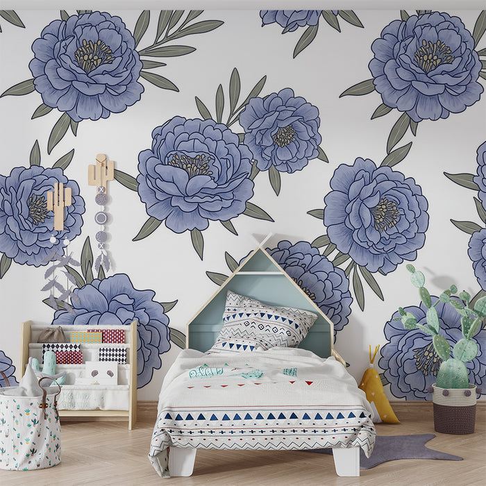 Babyzimmer Tapete | Blaue Pfingstrosen auf weißem Grund