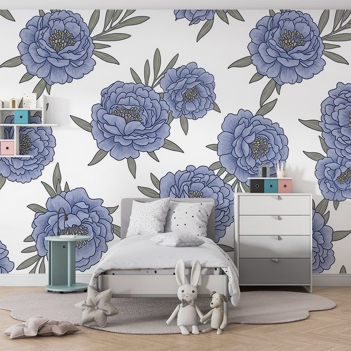 Babyzimmer Tapete | Blaue Pfingstrosen auf weißem Grund