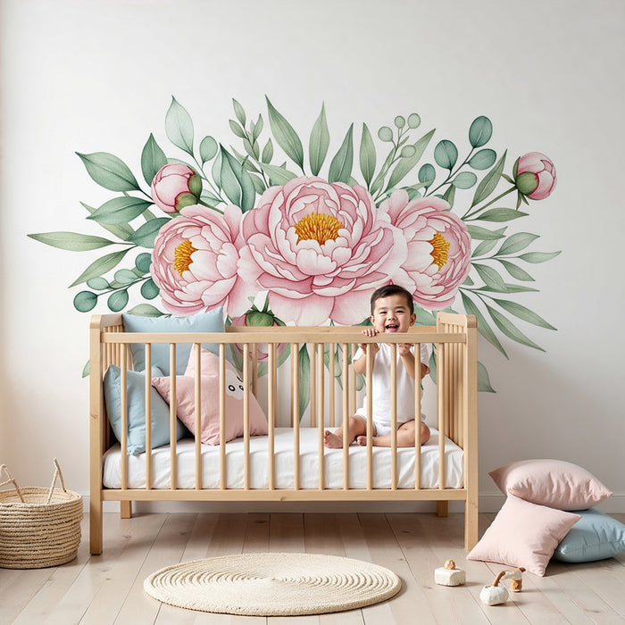 Papier de parede pre detskú izbu | Jemné pivoňové kvety a upokojujúca listová zeleň