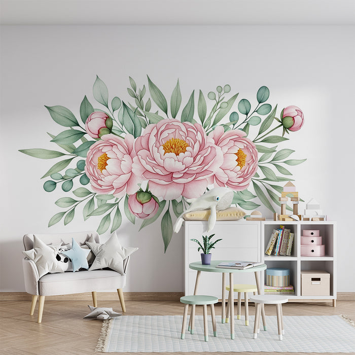 Papier de parede pre detskú izbu | Jemné pivoňové kvety a upokojujúca listová zeleň