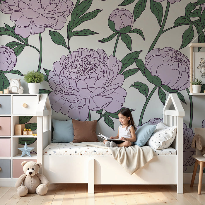 Babykamerbehang | Delicate pioenrozen op een lichte achtergrond