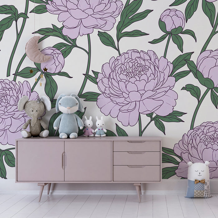 Babykamerbehang | Delicate pioenrozen op een lichte achtergrond