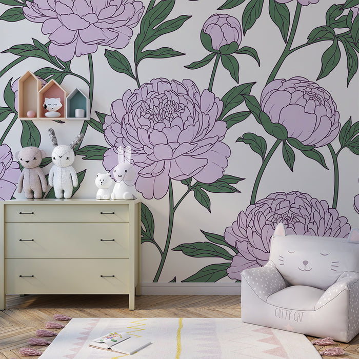 Babykamerbehang | Delicate pioenrozen op een lichte achtergrond