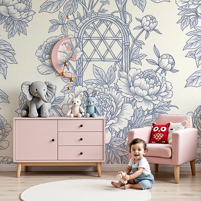 Baby's room wallpaper | Delicate peony flowers on a cream background